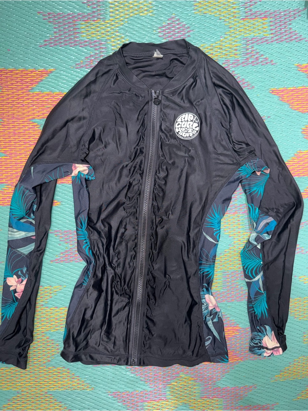Rip Curl Black Rash Guard with Teal Floral Sleeve Panels